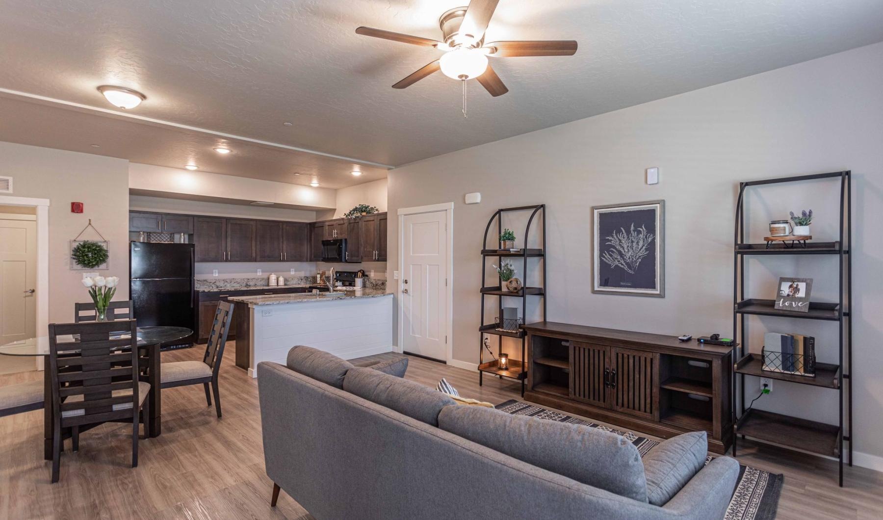 a living room with a couch and a table