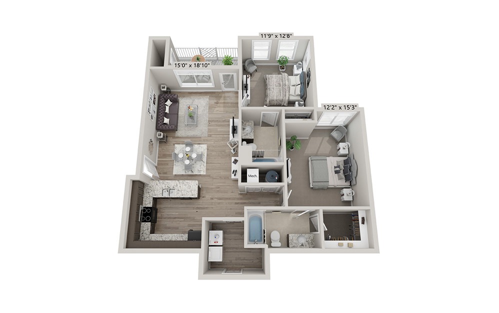 Weston (Attached Garage) - 2 bedroom floorplan layout with 2 bath and 1067 square feet (1st floor 2D)