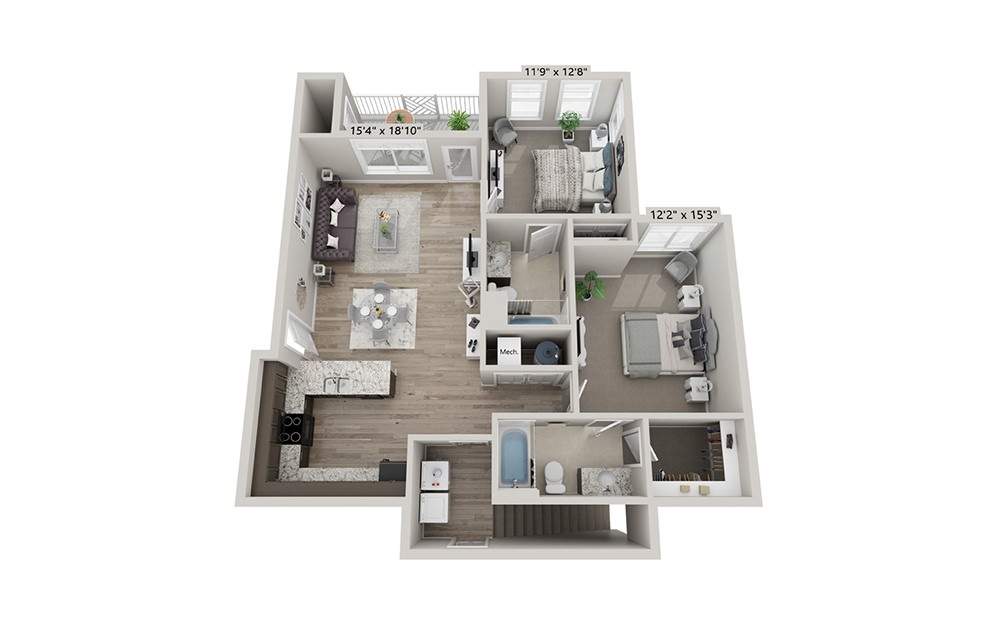 Emerson (Attached Garage) - 2 bedroom floorplan layout with 2 bath and 1095 square feet (1st floor 2D)