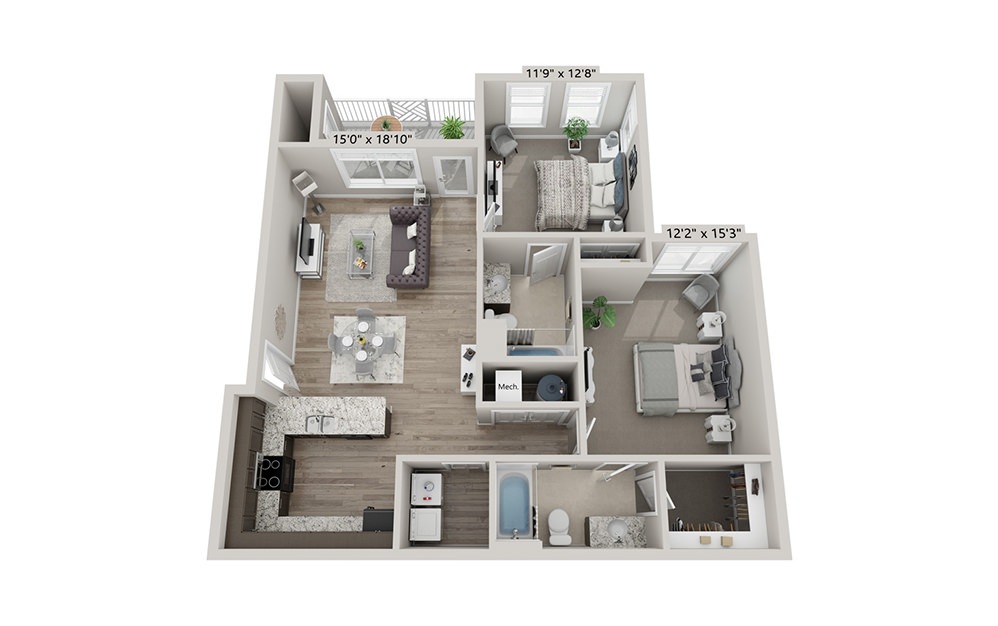 Madison - 2 bedroom floorplan layout with 2 bath and 1034 square feet (1st floor 2D)