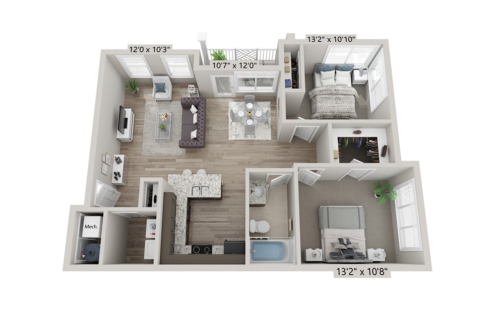 Juniper - 2 bedroom floorplan layout with 1 bath and 882 square feet (1st floor 2D)