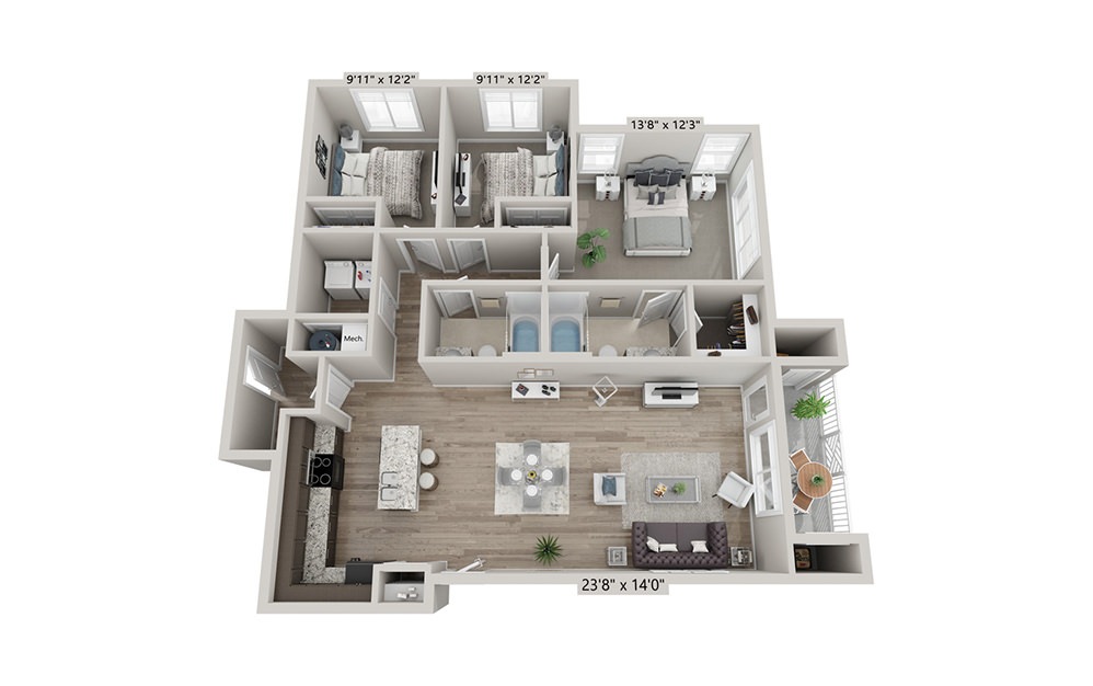 Montgomery (Attached Garage) - 3 bedroom floorplan layout with 2 bath and 1287 square feet (1st floor 2D)