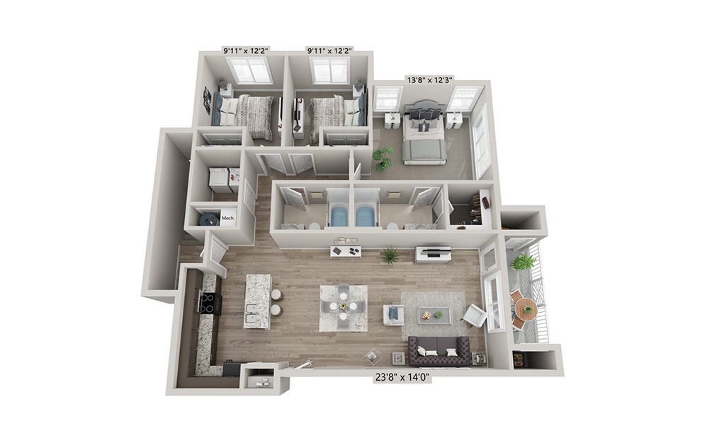 Charleston (Attached Garage) - 3 bedroom floorplan layout with 2 bath and 1312 square feet (1st floor 2D)