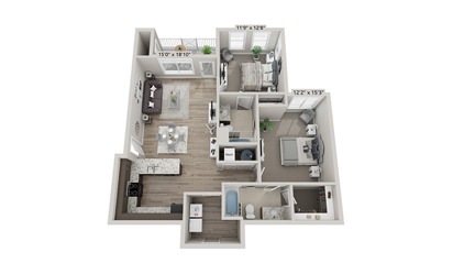 Weston (Attached Garage) - 2 bedroom floorplan layout with 2 bath and 1067 square feet