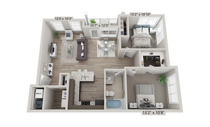 Juniper - 2 bedroom floorplan layout with 1 bath and 882 square feet